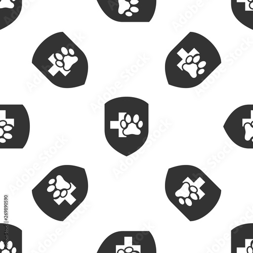 Grey Animal health insurance icon isolated seamless pattern on white background. Pet protection icon. Dog or cat paw print. Vector Illustration