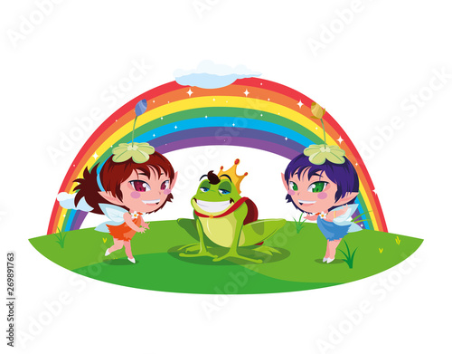 beautiful magic fairies with toad prince and rainbow scene