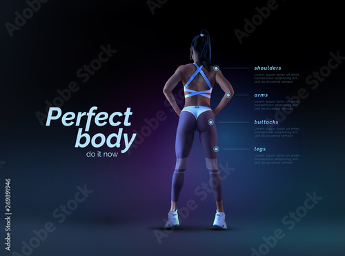 Young, beautiful, sexy girl athlete on a dark background with skill diagrams. Fitness training, active lifestyle, sports. Beautiful sexy body. Vector realistic illustration
