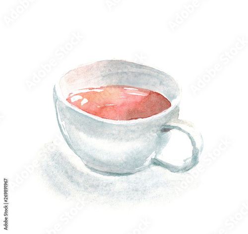 Watercolor hand drawn sketch illustration with cup of tea with shadow isolated on white