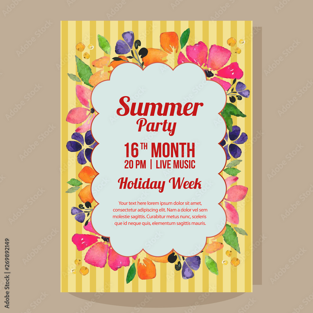 summer holiday party poster with watercolor flower