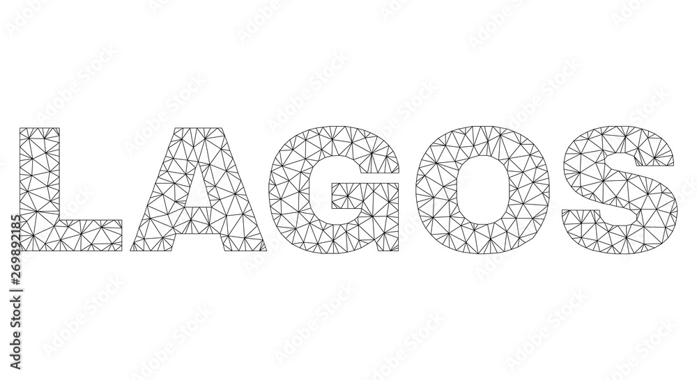 Mesh vector LAGOS text. Abstract lines and small circles form LAGOS black carcass symbols. Linear carcass 2D triangular network in eps vector format.