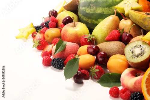 Fototapeta Naklejka Na Ścianę i Meble -  Fresh summer fruits with apple, peach, papaya, berries, pear and apricot.
