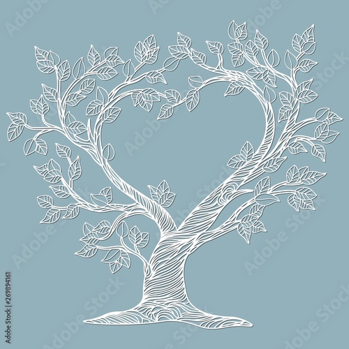 Vector illustration Postcard. Invitation and greeting card with the trees in the form of a heart. Pattern for the laser cut, serigraphy, plotter and screen printing.