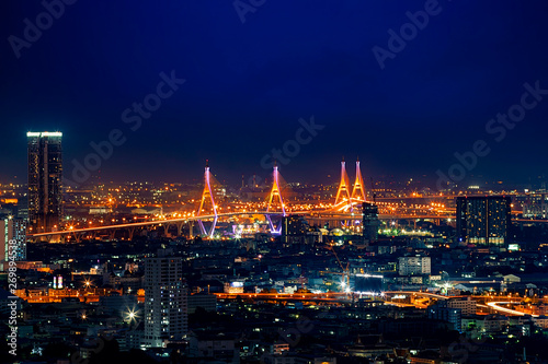 Bangkok City Scape. View of Thailand night view in the business location. Beautiful Bhumibol Bridge and river landscapes. Bangkok Thailand May 27  2019