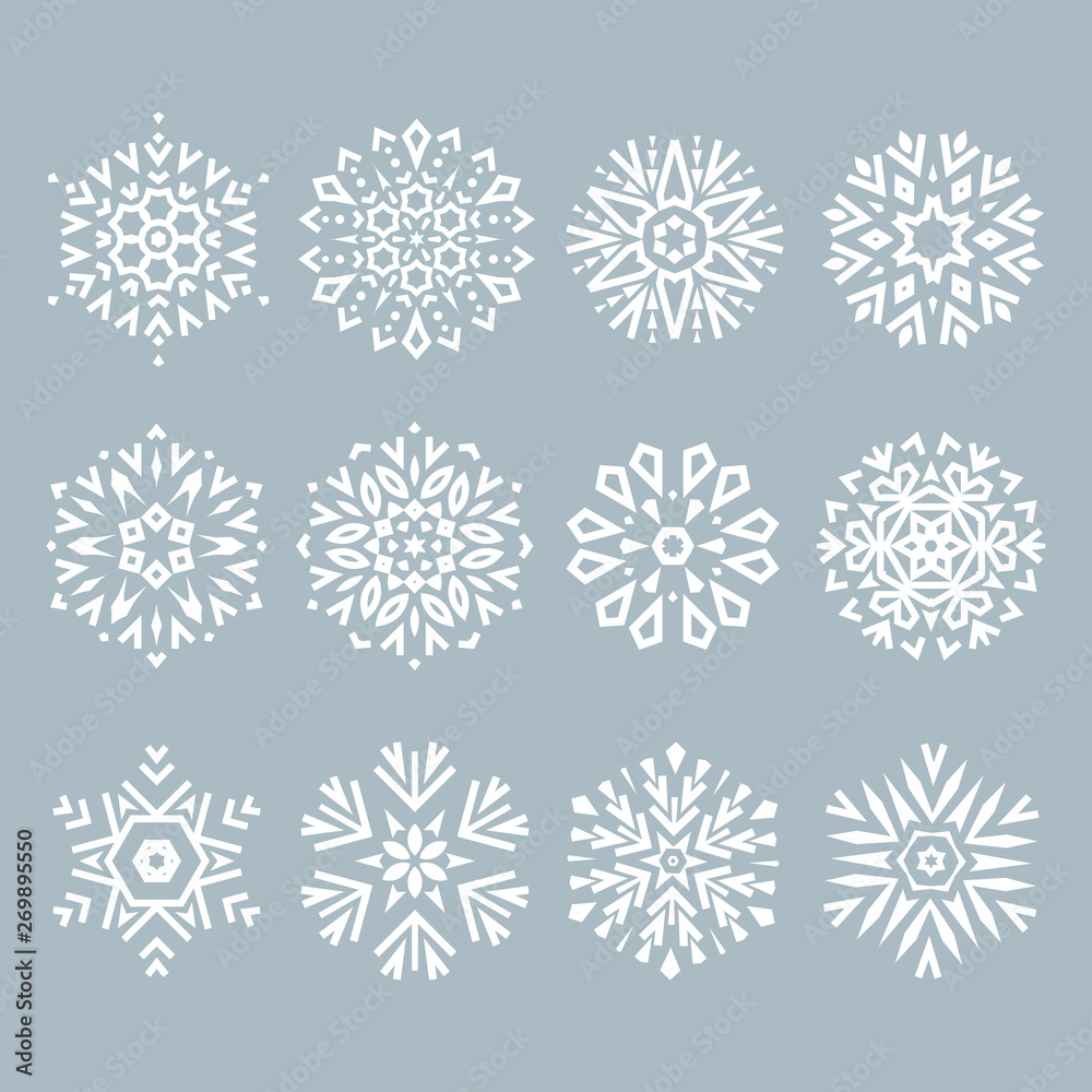 Snowflakes icon collection. Graphic modern blue ornament. Snowflakes icon collection. Graphic modern blue ornament.