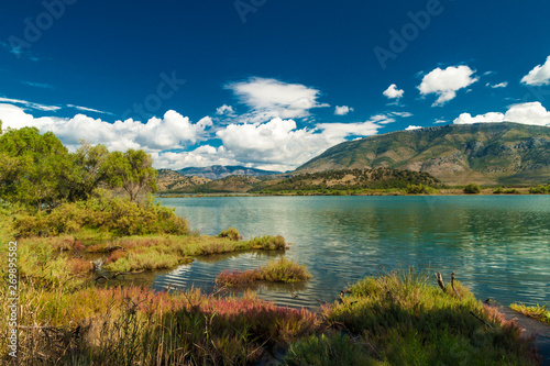 Panorama of Lake Butrint, wild landscape of Butrint area, UNESCO's World Heritage site in the south of Albania, Europe.