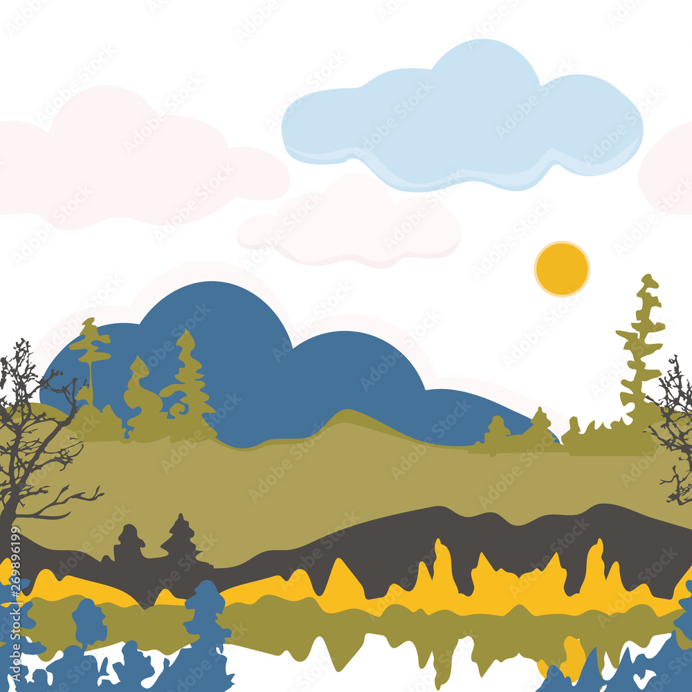 Seamless illustration of mountain scenery, abstract summer day landscape. Vector pattern in shades of yellow, olive, blue, pink, indigo and black. Designed for scrapbooking, wallpaper, gift wraps,