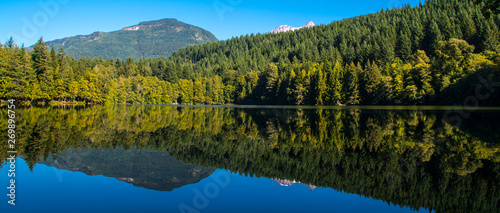 Forest and hills in reflection of the lake. photo