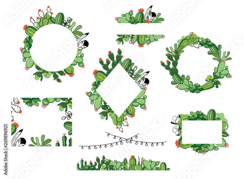 Hand Drawn Cactus Greenery Frames . Vector illustration isolated on white