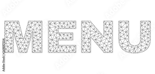 Mesh vector MENU text. Abstract lines and spheric points are organized into MENU black carcass symbols. Linear carcass 2D triangular mesh in vector format.