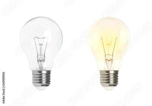 Glowing and turned off electric light bulb isolated on white photo