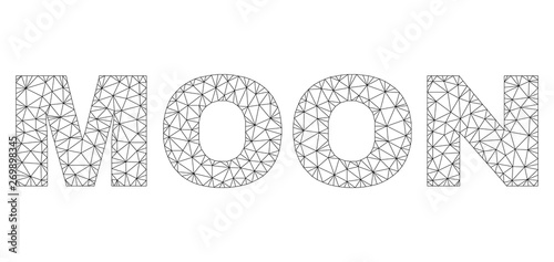 Mesh vector MOON text label. Abstract lines and small circles are organized into MOON black carcass symbols. Linear carcass flat triangular mesh in vector format.