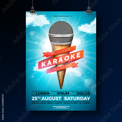 Summer Karaoke Party Flyer Design with microphone and ribbon on blue cloudy sky background. Vector Summer Design template for banner, flyer, invitation, poster.