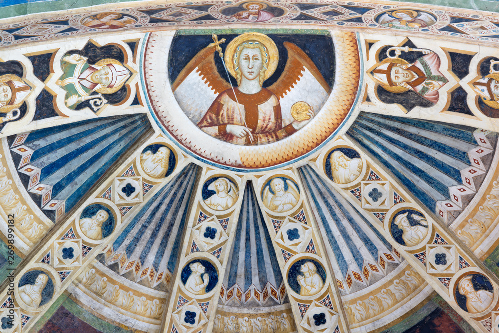 COMO, ITALY - MAY 9, 2015: The fresco from tomp of the main apse of church Basilica di San Abbondio by unknown artist 