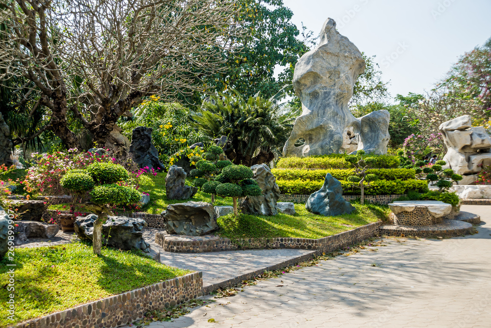 Luxury landscape design of the tropical garden. Beautiful view of tropical landscape Luxury landscape design of the tropical garden. Beautiful view of tropical landscape