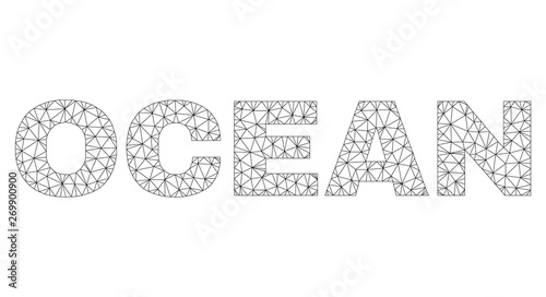 Mesh vector OCEAN text. Abstract lines and circle dots form OCEAN black carcass symbols. Linear carcass 2D triangular mesh in vector EPS format.