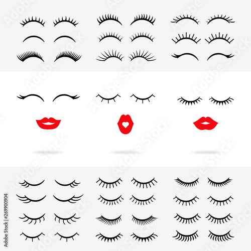 Set of lips with eyelashes. Vector