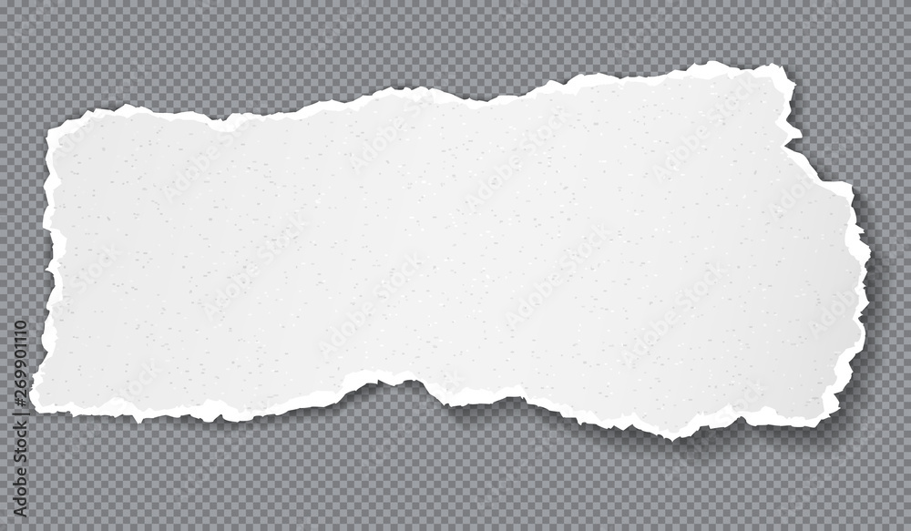 Piece of torn, ripped grainy white paper strip with soft shadow is on dark grey squared background. Vector template illustration