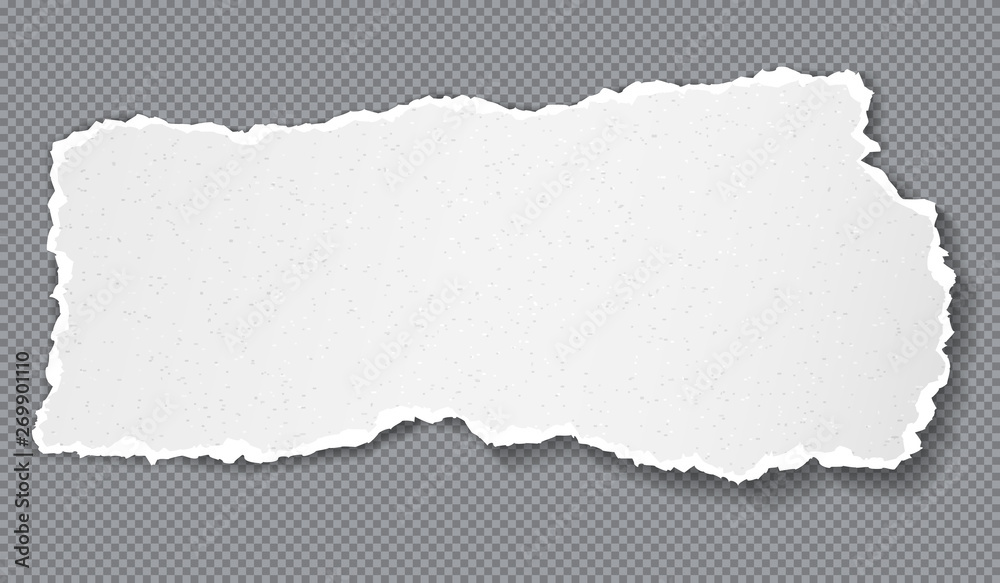 Piece of torn, ripped grainy white paper strip with soft shadow is on dark grey squared background. Vector template illustration Piece of torn, ripped grainy white paper strip with soft shadow is on dark grey squared background. Vector template illustration