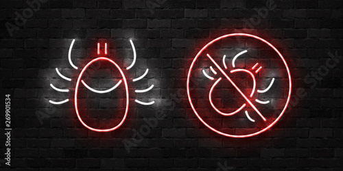 Vector set of realistic isolated neon sign of Ixodes Tick warning logo for template decoration and covering on the wall background. Concept of mite danger, disease and encephalitis precaution.