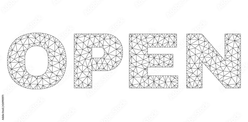 Mesh vector OPEN text. Abstract lines and small circles form OPEN black carcass symbols. Linear carcass flat polygonal mesh in eps vector format.