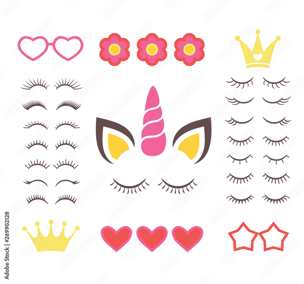 Set of eyelashes with hearts, crowns, flowers and glasses. Vector