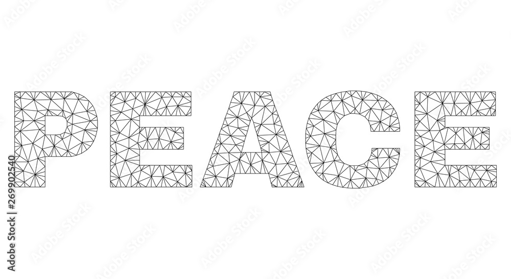 Mesh vector PEACE text. Abstract lines and points form PEACE black carcass symbols. Linear carcass flat polygonal mesh in vector EPS format. Mesh vector PEACE text. Abstract lines and points form PEACE black carcass symbols. Linear carcass flat polygonal mesh in vector EPS format.