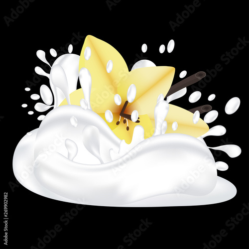 Splash milk or yogurt and vanilla flower. 3d realistic vector on black background.