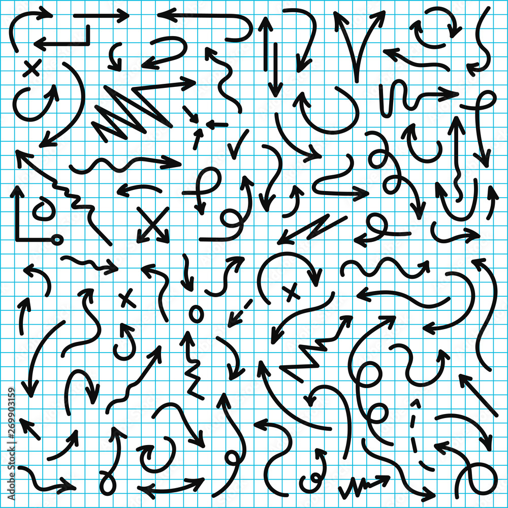 Vector hand drawn arrows set. Black sketch arrows in doodle style. Lines and pointers, check and marks Vector hand drawn arrows set. Black sketch arrows in doodle style. Lines and pointers, check and marks