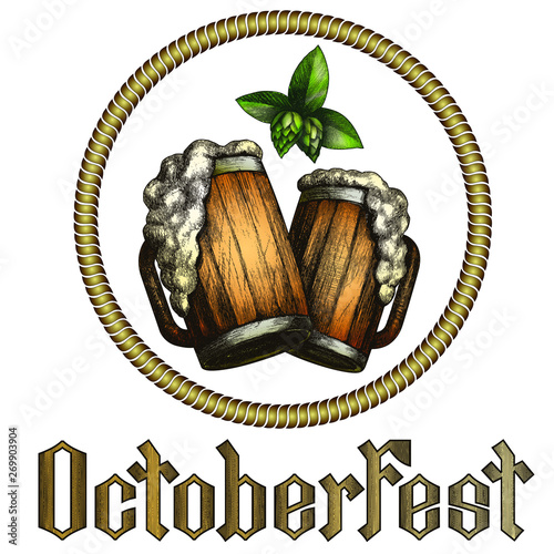 Beer mugs composition drew with etched effect, Bottom sign label with etched effect too. Isolated on white. October fest label.