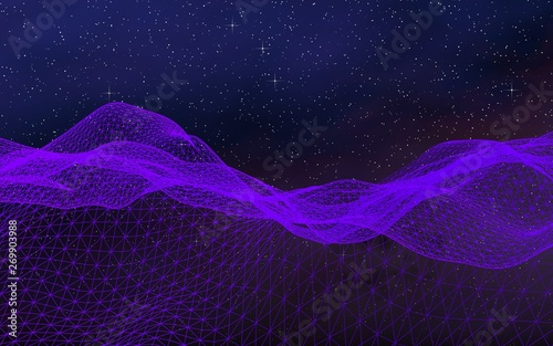 Abstract ultraviolet landscape on a dark background. Purple cyberspace grid. hi tech network. Outer space. Violet starry outer space texture. 3D illustration