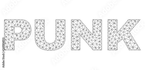 Mesh vector PUNK text. Abstract lines and circle dots are organized into PUNK black carcass symbols. Wire carcass flat polygonal mesh in vector format.