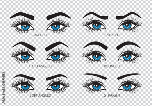 Set of pairs of eyes with eyebrows icons. Different types of eyebrow. Vector