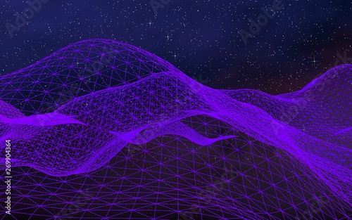 Fototapeta Naklejka Na Ścianę i Meble -  Abstract ultraviolet landscape on a dark background. Purple cyberspace grid. hi tech network. Outer space. Violet starry outer space texture. 3D illustration