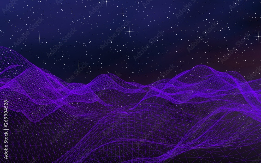Fototapeta premium Abstract ultraviolet landscape on a dark background. Purple cyberspace grid. hi tech network. Outer space. Violet starry outer space texture. 3D illustration