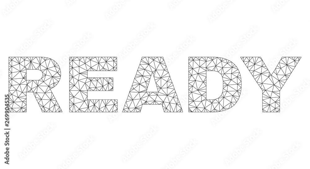 Mesh vector READY text. Abstract lines and points form READY black carcass symbols. Linear carcass 2D polygonal mesh in vector EPS format.