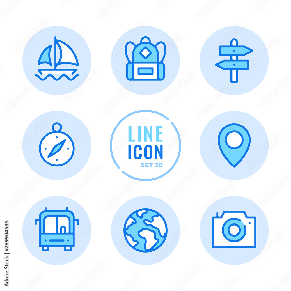 Tourism vector line icons set. Map label, camera, navigation, backpack, vacation outline symbols. Modern simple stroke graphic elements. Round icons Tourism vector line icons set. Map label, camera, navigation, backpack, vacation outline symbols. Modern simple stroke graphic elements. Round icons