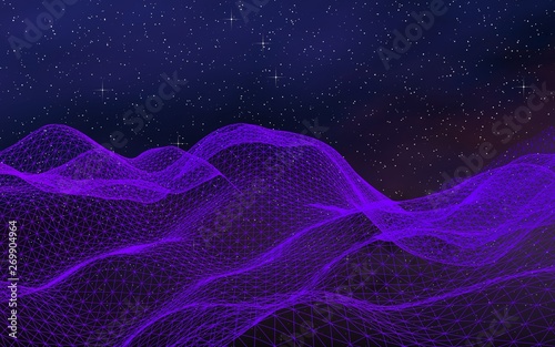 Abstract ultraviolet landscape on a dark background. Purple cyberspace grid. hi tech network. Outer space. Violet starry outer space texture. 3D illustration