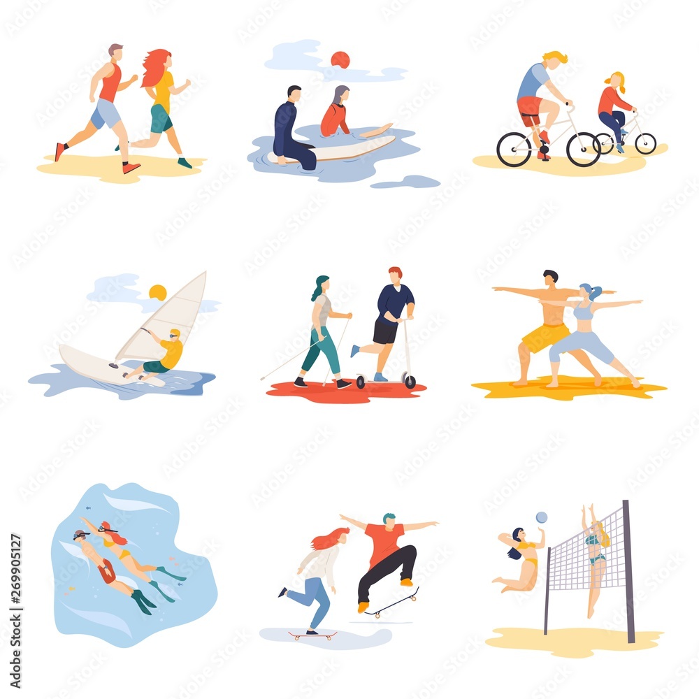 Modern cartoon flat characters doing summer sport,sales banner flyer poster,web online concept design elements scenes set-running,surfing,windsurfing,volleyball,biking,yoga,snorkeling,skateboarding
