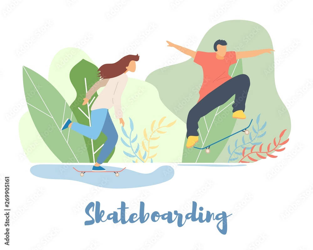 Modern cartoon flat characters doing summer sport activity,landing page,sales poster,banner flyer,web online concept of healthy lifestyle design.Flat cartoon family people boy girl riding on skates