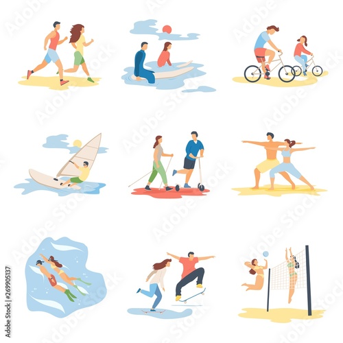 Modern cartoon flat characters doing summer sport,sales banner flyer poster,web online concept design elements scenes set-running,surfing,windsurfing,volleyball,biking,yoga,snorkeling,skateboarding