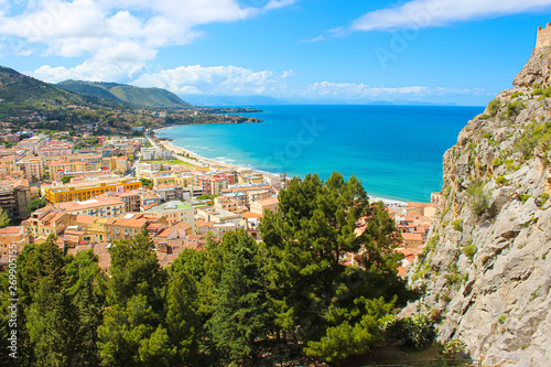 Amazing panoramic view of Sicilian city Cefalu located on the Tyrrhenian coast taken from a view point. The beautiful city is one of the major tourist destinations in Italy