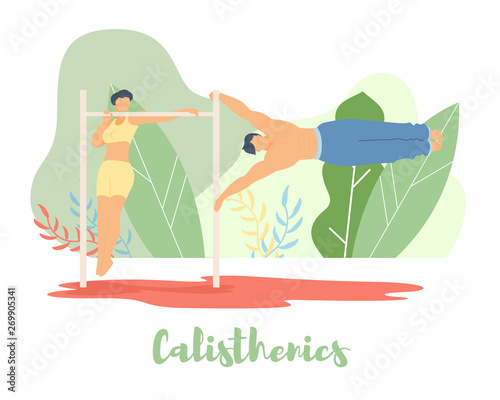 Modern cartoon flat characters doing summer sport activity,landing page,sales banner flyer poster,web online concept,healthy lifestyle design.Flat cartoon family people training calisthenics on beach