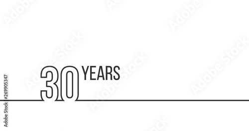 30 years anniversary or birthday. Linear outline graphics. Can be used for printing materials, brouchures, covers, reports. Vector illustration isolated on white background.