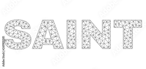 Mesh vector SAINT text. Abstract lines and circle dots are organized into SAINT black carcass symbols. Wire carcass flat triangular mesh in vector EPS format.