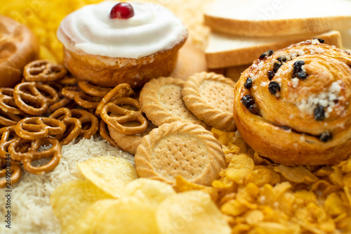 Full Frame Shot Of Foods Containing Unhealthy Or Bad Carbohydrates
