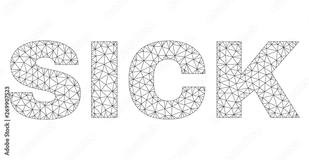 Mesh vector SICK text. Abstract lines and dots are organized into SICK black carcass symbols. Linear carcass flat polygonal mesh in vector EPS format.