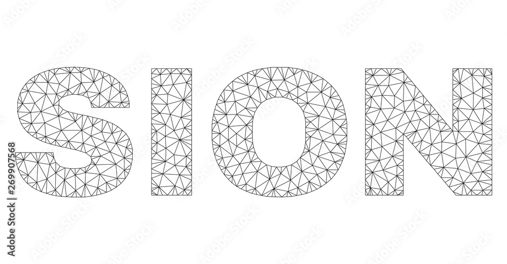 Mesh vector SION text. Abstract lines and small circles are organized into SION black carcass symbols. Linear carcass 2D polygonal network in vector format.