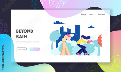 People on Street in Bad Weather with Rain, Man Blow Nose in Handkerchief, Woman Hold Umbrella Turned Inside Out in Strong Wind. Website Landing Page, Web Page. Cartoon Flat Vector Illustration, Banner
